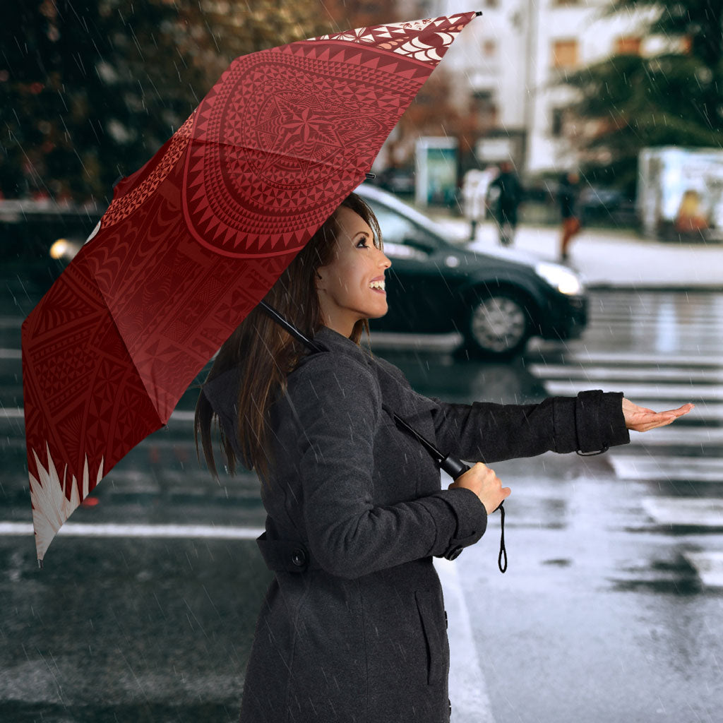 Tonga Ngatu Motifs Umbrella With Coat Of Arms Red LT05 - Polynesian Pride