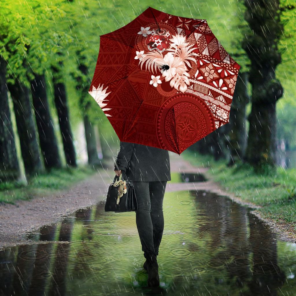 Tonga Ngatu Motifs Umbrella With Coat Of Arms Red LT05 - Polynesian Pride