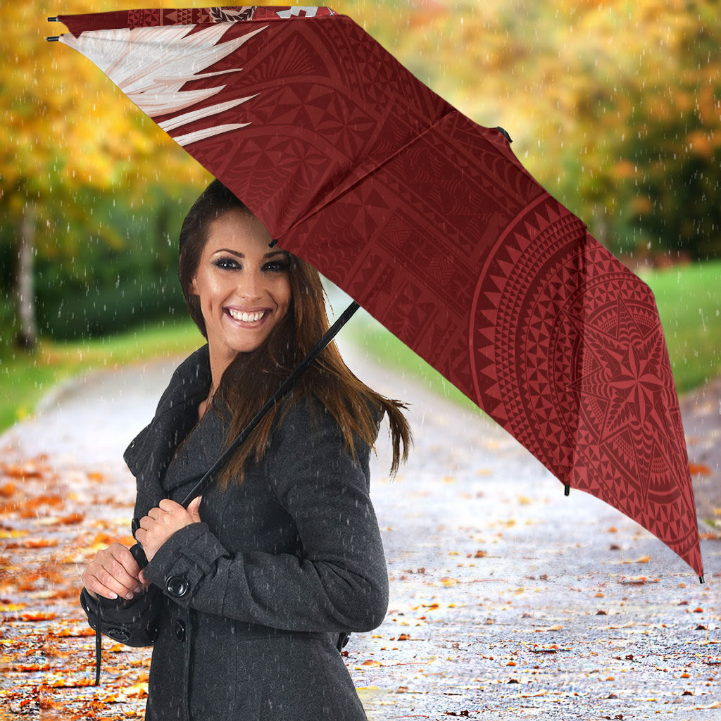 Tonga Ngatu Motifs Umbrella With Coat Of Arms Red LT05 - Polynesian Pride