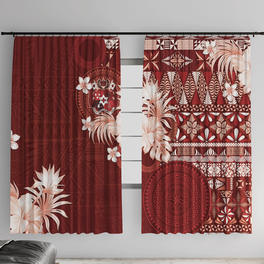 Tonga Ngatu Motifs Window Curtain With Coat Of Arms Red LT05 With Hooks Red - Polynesian Pride