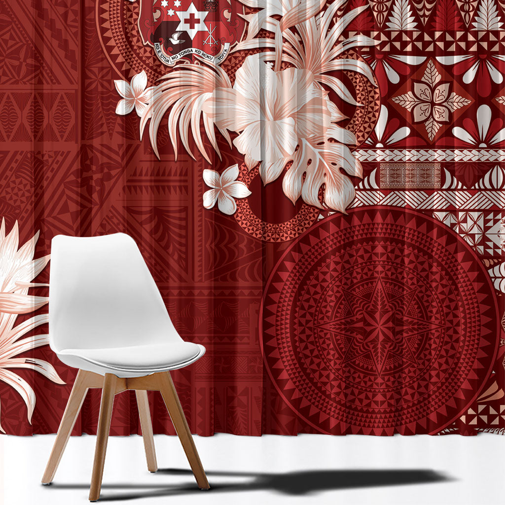 Tonga Ngatu Motifs Window Curtain With Coat Of Arms Red LT05 - Polynesian Pride