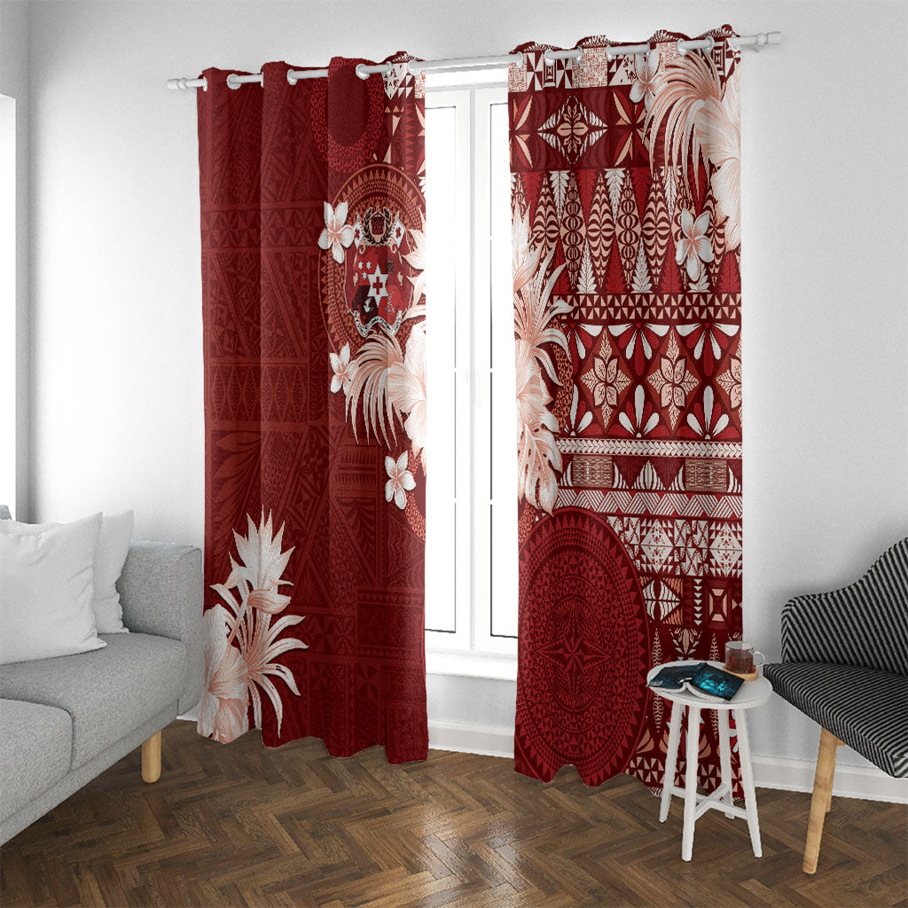 Tonga Ngatu Motifs Window Curtain With Coat Of Arms Red LT05 With Grommets Red - Polynesian Pride
