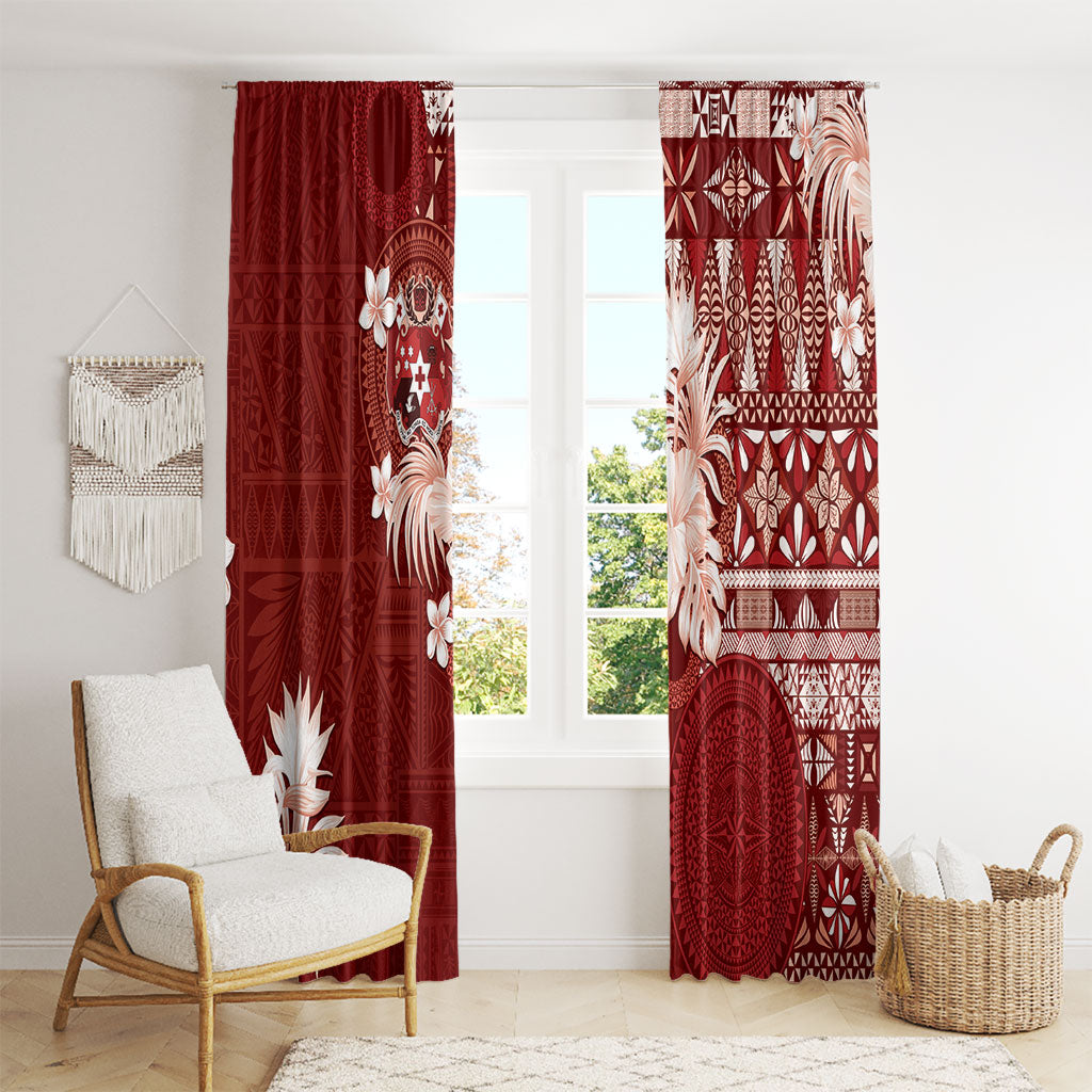 Tonga Ngatu Motifs Window Curtain With Coat Of Arms Red LT05 - Polynesian Pride