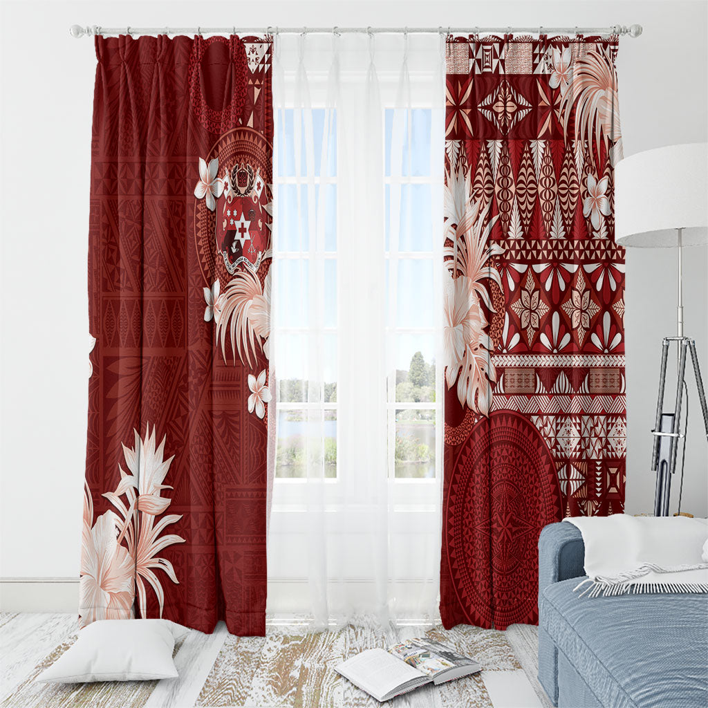 Tonga Ngatu Motifs Window Curtain With Coat Of Arms Red LT05 - Polynesian Pride