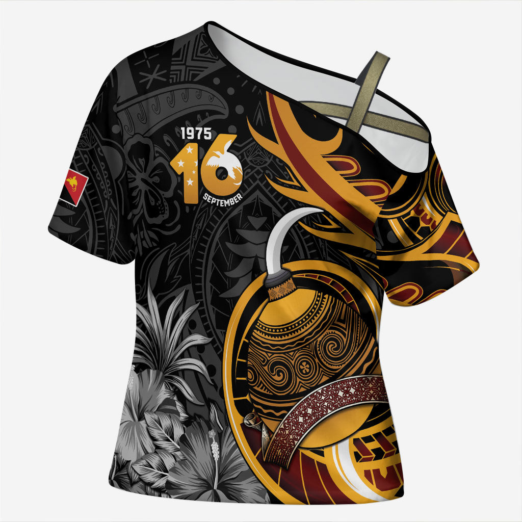 Personalised Papua New Guinea Cross Shoulder Shirt Happy Independence Day LT05 Female Black - Polynesian Pride