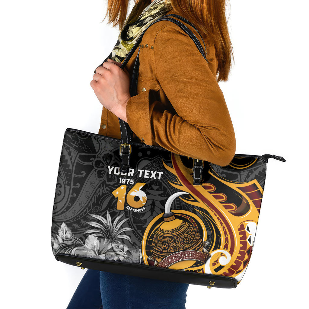 Personalised Papua New Guinea Leather Tote Bag Happy Independence Day LT05 Black - Polynesian Pride