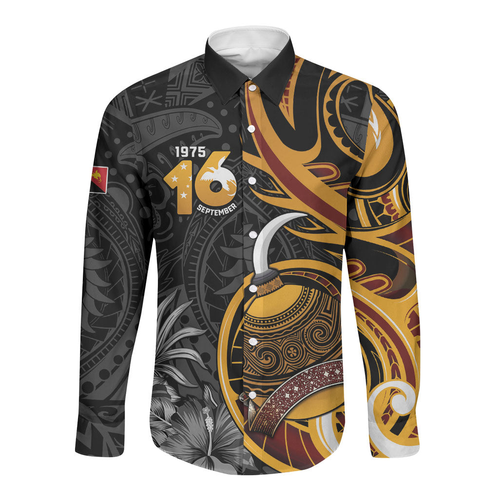 Personalised Papua New Guinea Long Sleeve Button Shirt Happy Independence Day LT05 Unisex Black - Polynesian Pride