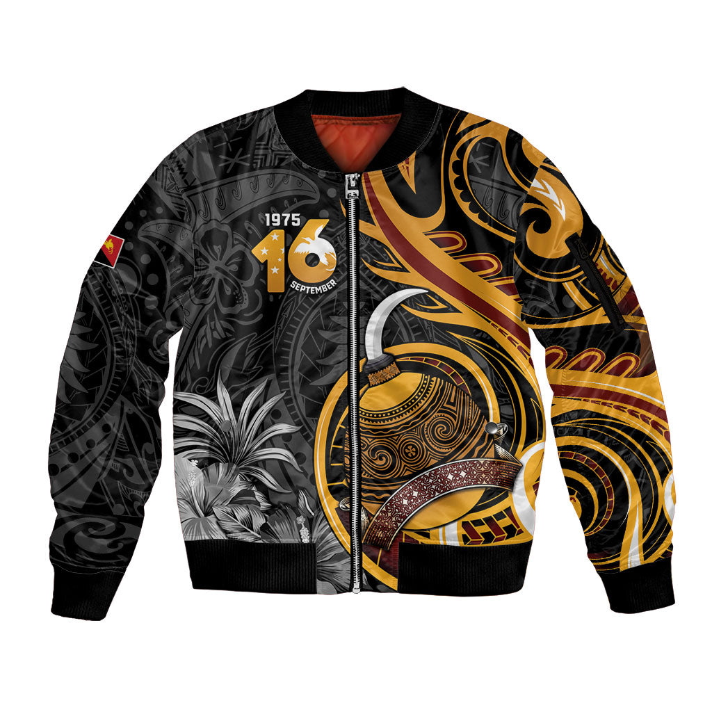 Personalised Papua New Guinea Sleeve Zip Bomber Jacket Happy Independence Day LT05 Unisex Black - Polynesian Pride