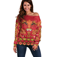Papua Batik Motif Off Shoulder Sweater Papua Spirit Red Version LT05 Women Red - Polynesian Pride