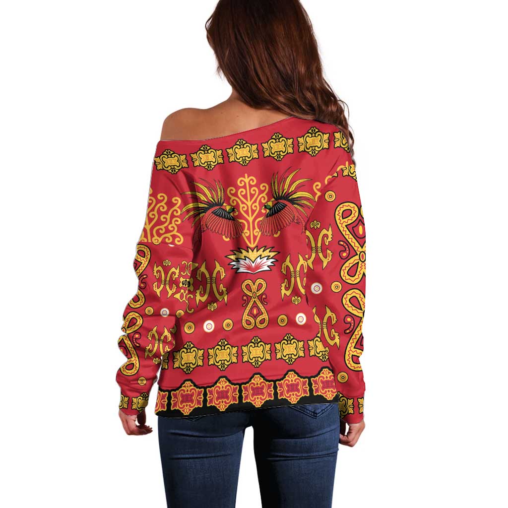 Papua Batik Motif Off Shoulder Sweater Papua Spirit Red Version LT05 - Polynesian Pride