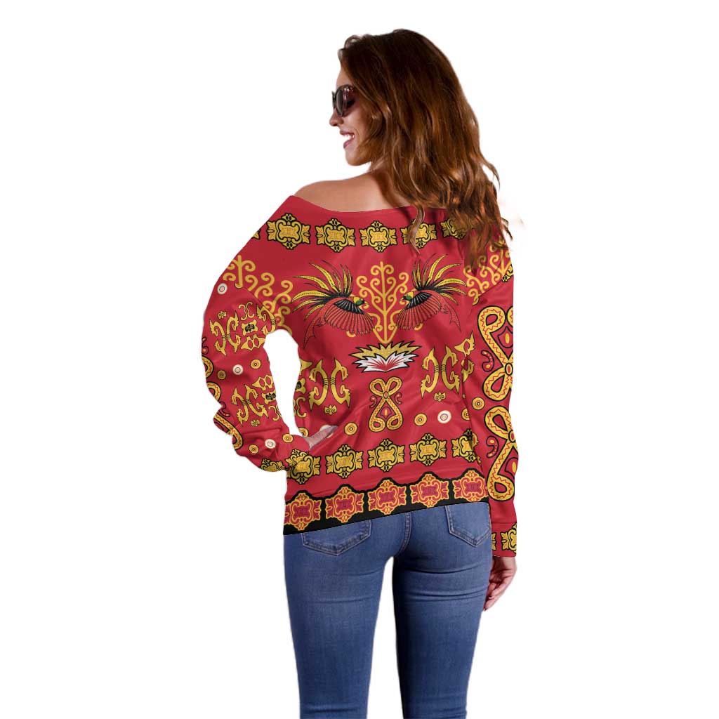 Papua Batik Motif Off Shoulder Sweater Papua Spirit Red Version LT05 - Polynesian Pride