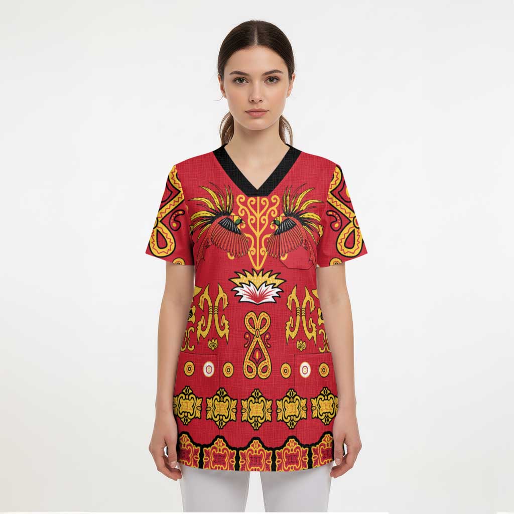 Papua Batik Motif Scrub Top Papua Spirit Red Version LT05 - Polynesian Pride