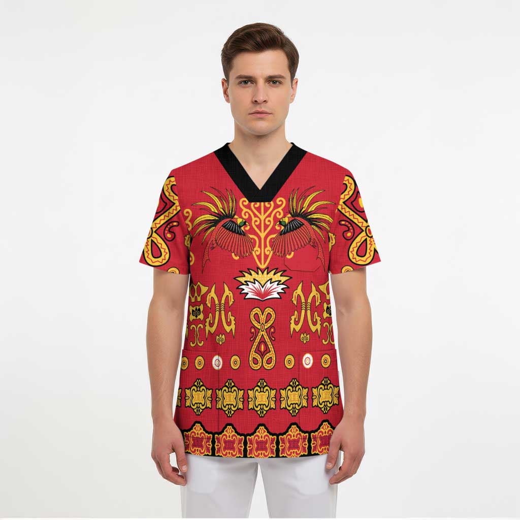 Papua Batik Motif Scrub Top Papua Spirit Red Version LT05 - Polynesian Pride