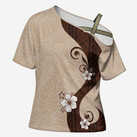 Polynesia Hibiscus Cross Shoulder Shirt Cameo Curve Motif LT05 Female Beige - Polynesian Pride