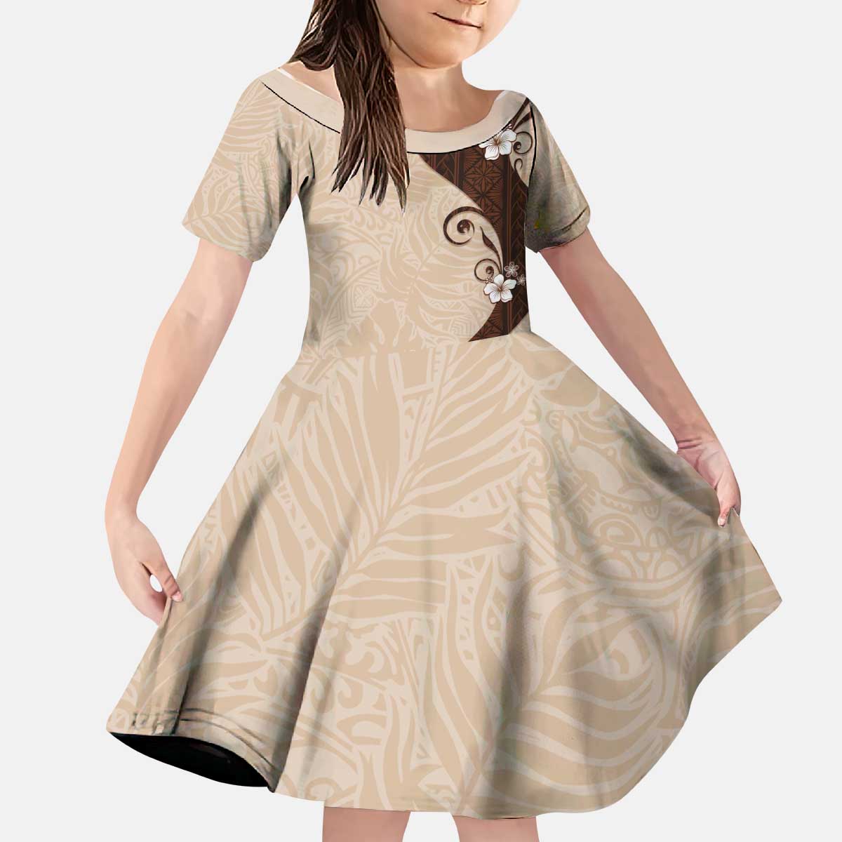 Polynesia Hibiscus Kid Short Sleeve Dress Cameo Curve Motif LT05 KID Beige - Polynesian Pride