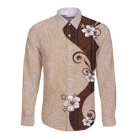 Polynesia Hibiscus Long Sleeve Button Shirt Cameo Curve Motif LT05 Unisex Beige - Polynesian Pride