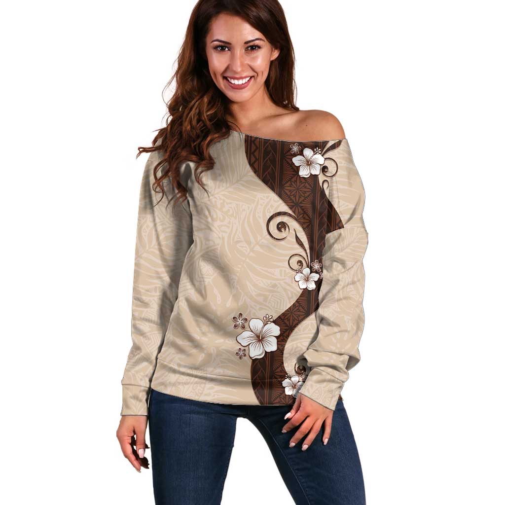 Polynesia Hibiscus Off Shoulder Sweater Cameo Curve Motif LT05 Women Beige - Polynesian Pride