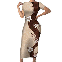 Polynesia Hibiscus Short Sleeve Bodycon Dress Cameo Curve Motif LT05 Long Dress Beige - Polynesian Pride