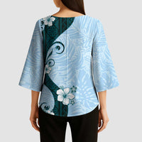 Polynesia Hibiscus Kimono Sleeve Blouse Sky Blue Curve Motif LT05 - Polynesian Pride