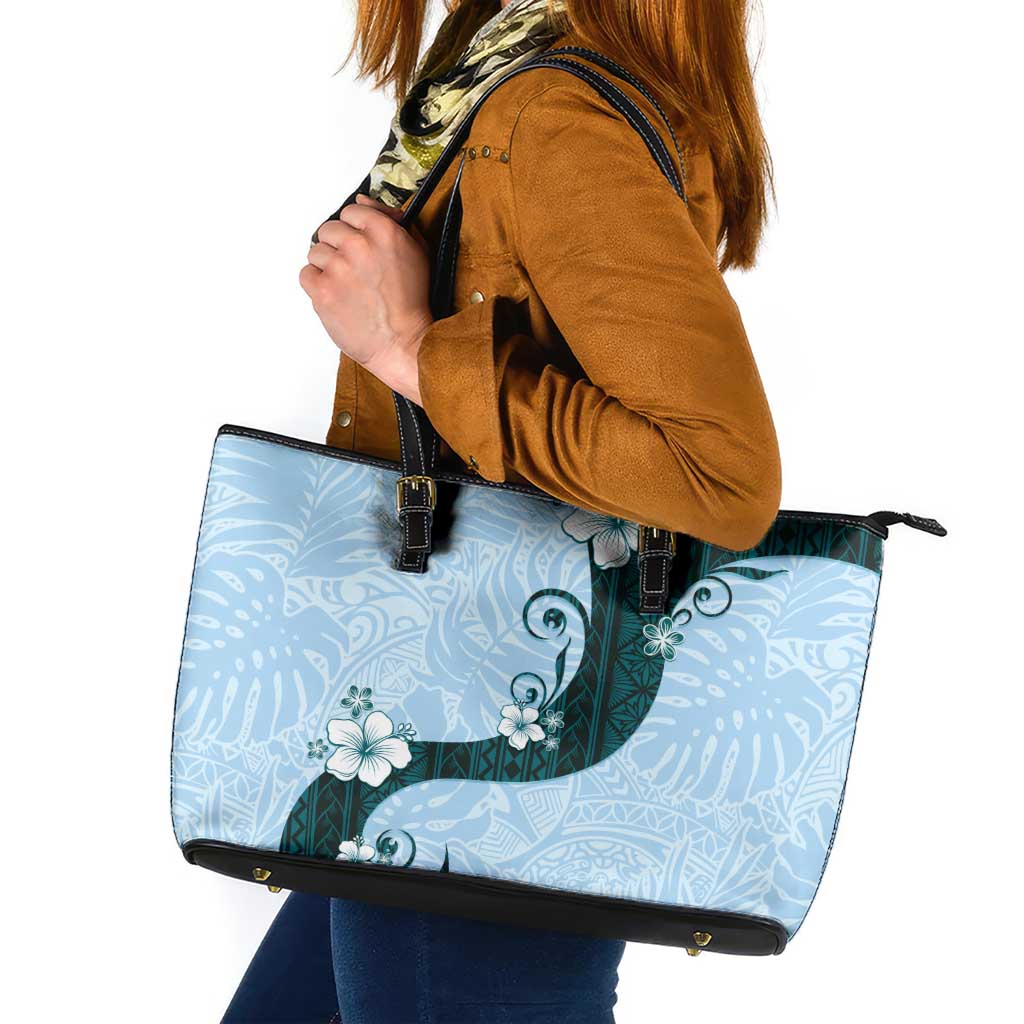 Polynesia Hibiscus Leather Tote Bag Sky Blue Curve Motif LT05 Blue - Polynesian Pride