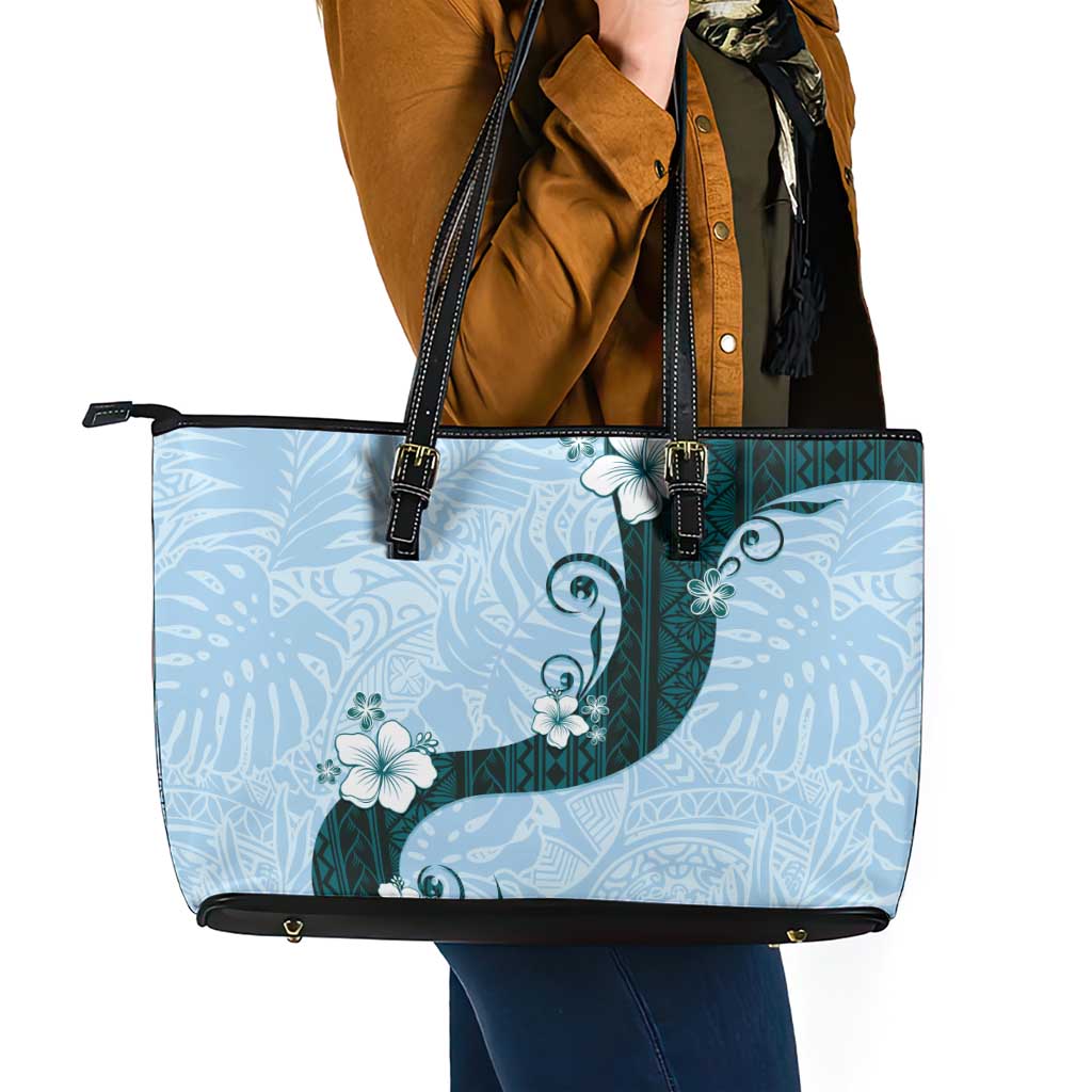 Polynesia Hibiscus Leather Tote Bag Sky Blue Curve Motif LT05 - Polynesian Pride