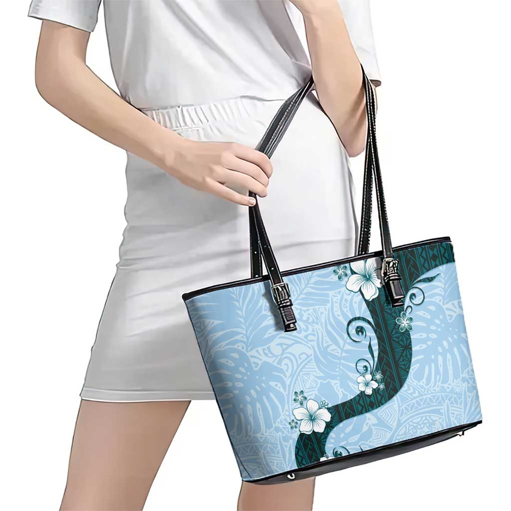 Polynesia Hibiscus Leather Tote Bag Sky Blue Curve Motif LT05 - Polynesian Pride