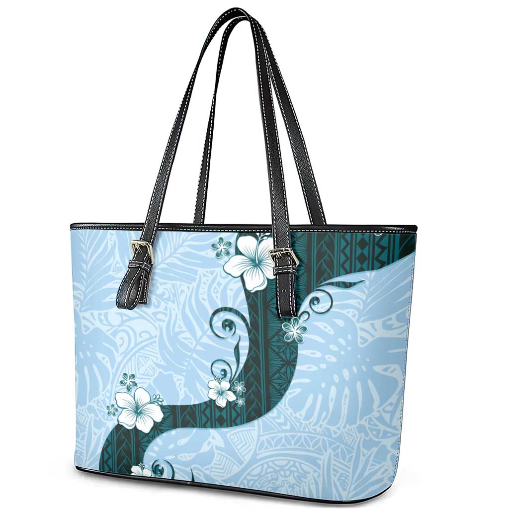 Polynesia Hibiscus Leather Tote Bag Sky Blue Curve Motif LT05 - Polynesian Pride