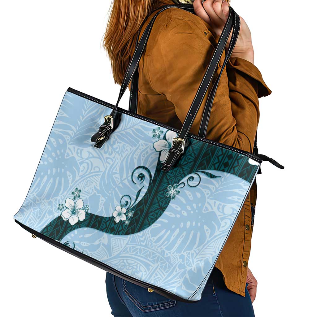 Polynesia Hibiscus Leather Tote Bag Sky Blue Curve Motif LT05 - Polynesian Pride