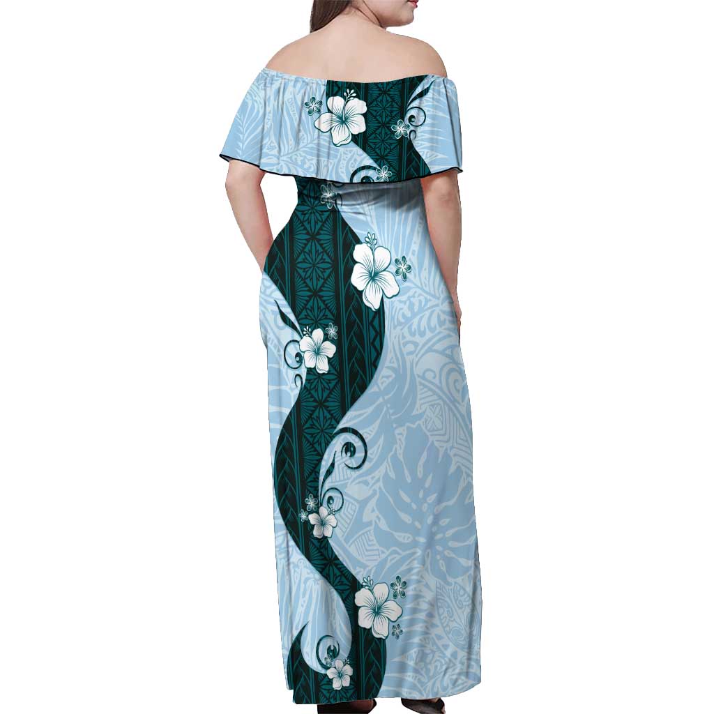 Polynesia Hibiscus Off Shoulder Maxi Dress Sky Blue Curve Motif LT05 - Polynesian Pride