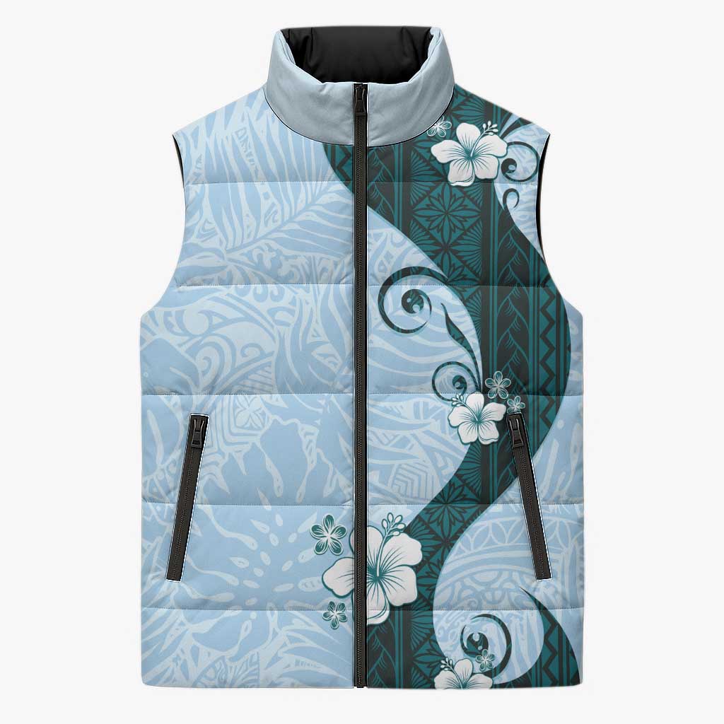 Polynesia Hibiscus Sleeveless Puffer Jacket Sky Blue Curve Motif LT05 Unisex Blue - Polynesian Pride