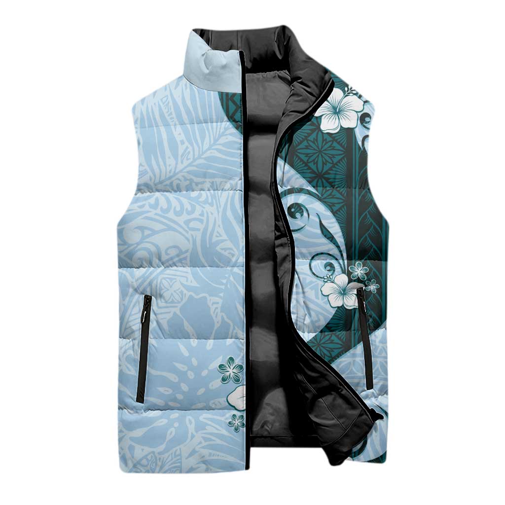 Polynesia Hibiscus Sleeveless Puffer Jacket Sky Blue Curve Motif LT05 - Polynesian Pride