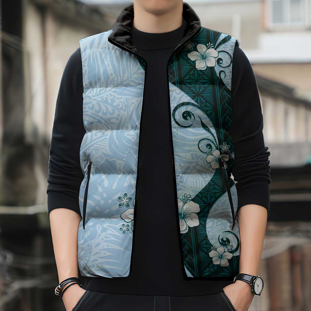 Polynesia Hibiscus Sleeveless Puffer Jacket Sky Blue Curve Motif LT05 - Polynesian Pride