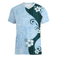Polynesia Hibiscus Women V-Neck T-Shirt Sky Blue Curve Motif LT05 Female Blue - Polynesian Pride