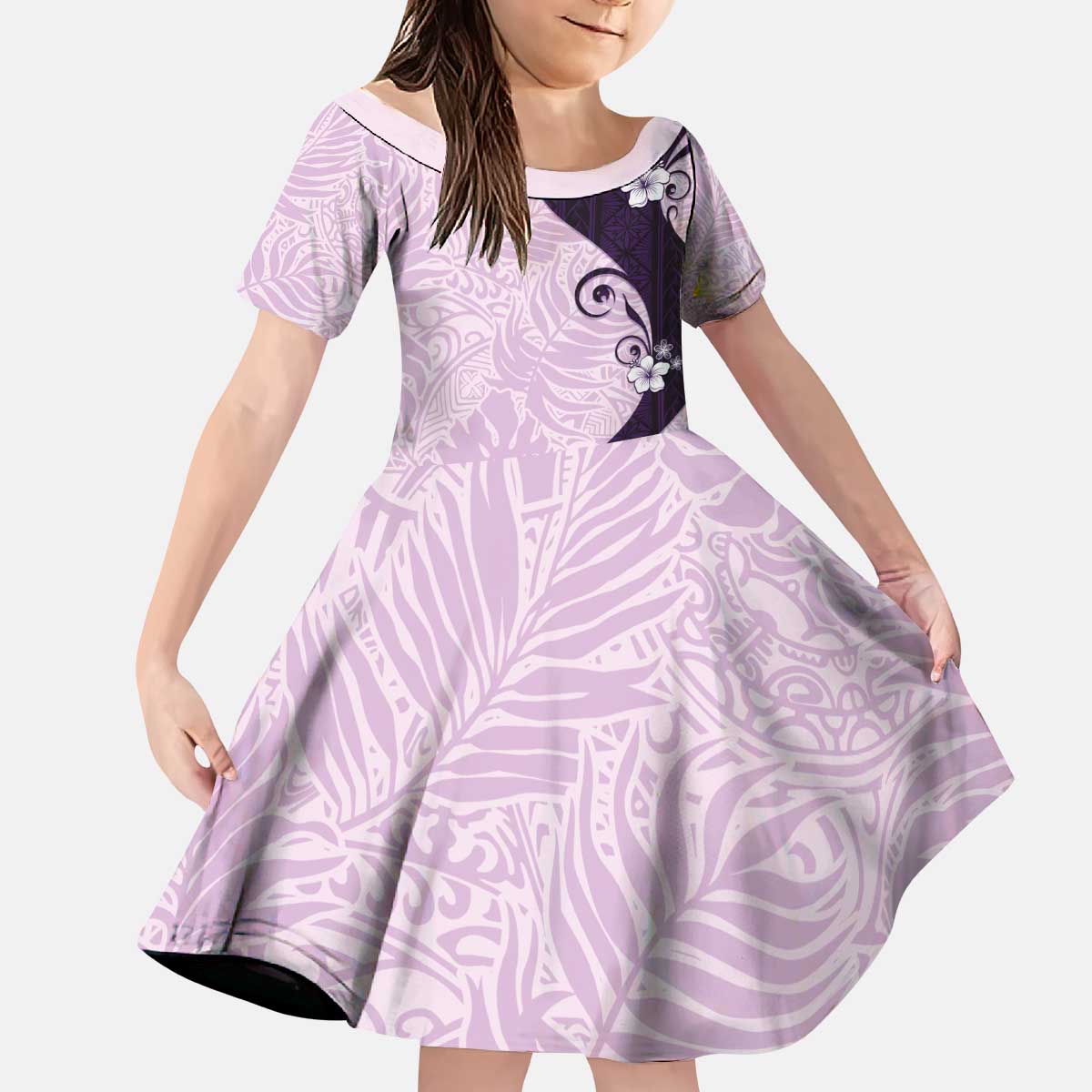 Polynesia Hibiscus Kid Short Sleeve Dress Thistle Curve Motif LT05 KID Purple - Polynesian Pride