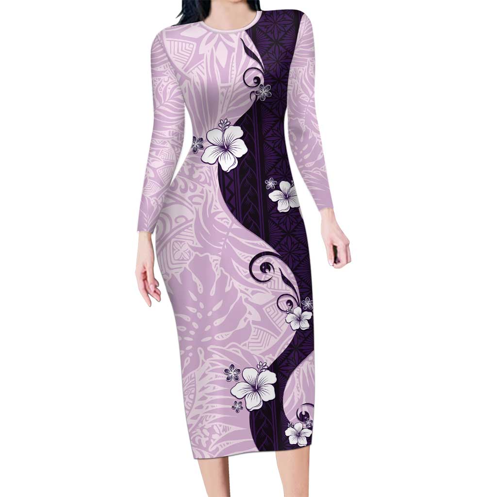 Polynesia Hibiscus Long Sleeve Bodycon Dress Thistle Curve Motif LT05 Long Dress Purple - Polynesian Pride