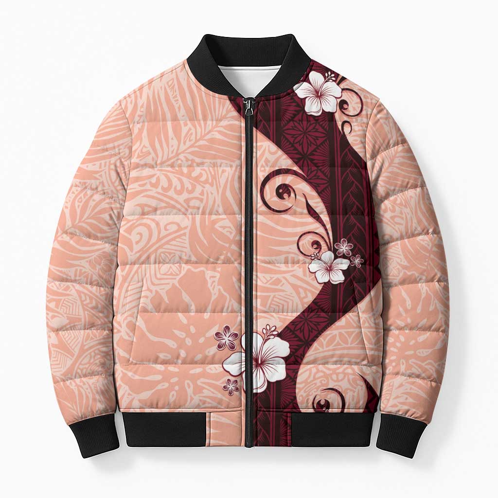 Polynesia Hibiscus Bomber Puffer Jacket Rose Bud Curve Motif LT05 Unisex Red - Polynesian Pride