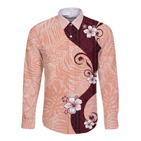 Polynesia Hibiscus Long Sleeve Button Shirt Rose Bud Curve Motif LT05 Unisex Red - Polynesian Pride