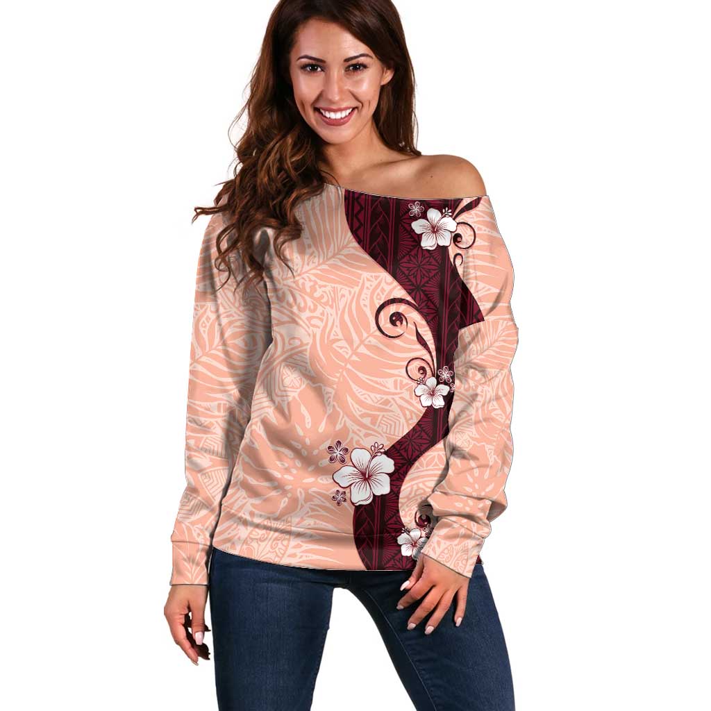 Polynesia Hibiscus Off Shoulder Sweater Rose Bud Curve Motif LT05 Women Red - Polynesian Pride