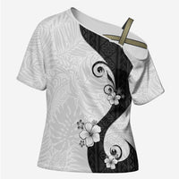 Polynesia Hibiscus Cross Shoulder Shirt White Curve Motif LT05 Female White - Polynesian Pride