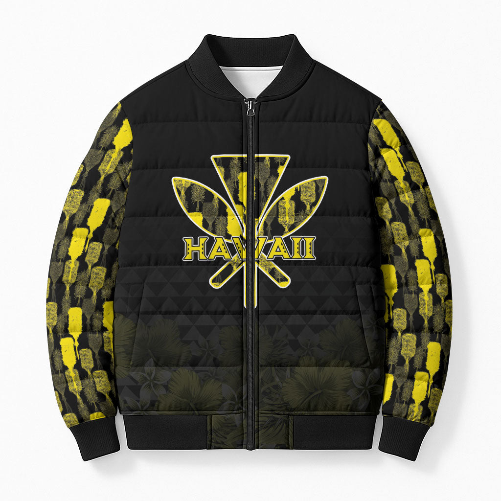 Personalised Aloha Hawaii Kahili Bomber Puffer Jacket Kanaka Maoli With Kakau Pattern LT05 Unisex Black - Polynesian Pride
