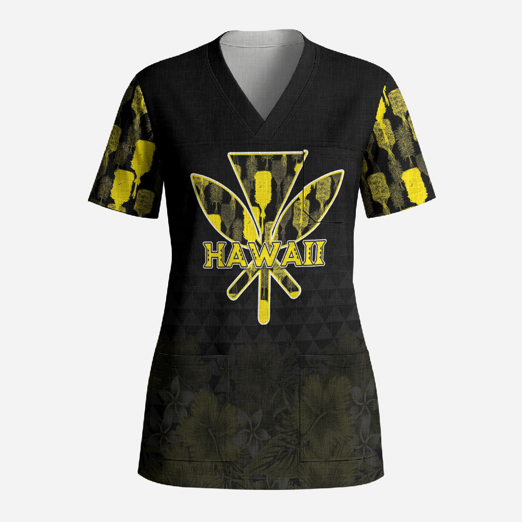 Personalised Aloha Hawaii Kahili Scrub Top Kanaka Maoli With Kakau Pattern LT05 Adult Black - Polynesian Pride
