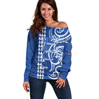 Samoa HRPP Party Off Shoulder Sweater Polynesian Pattern LT05 Women Blue - Polynesian Pride