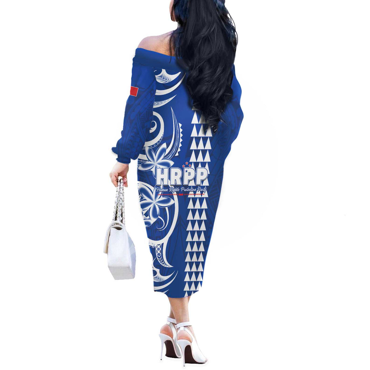 Samoa HRPP Party Off The Shoulder Long Sleeve Dress Polynesian Pattern LT05 - Polynesian Pride
