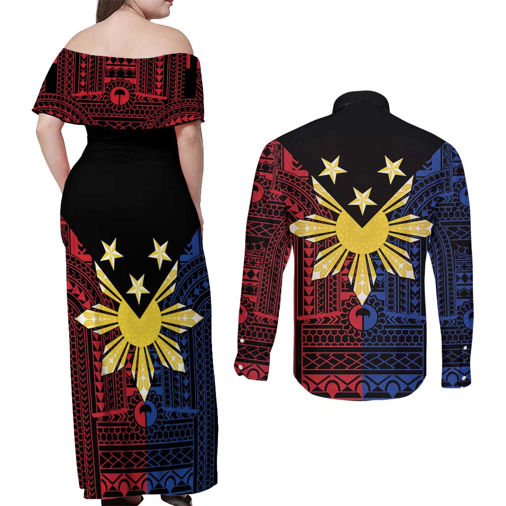 Philippines Sun Star Couples Matching Off Shoulder Maxi Dress and Long Sleeve Button Shirt Igorot Tribal Inspiration LT05 - Polynesian Pride