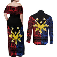 Philippines Sun Star Couples Matching Off Shoulder Maxi Dress and Long Sleeve Button Shirt Igorot Tribal Inspiration LT05 - Polynesian Pride