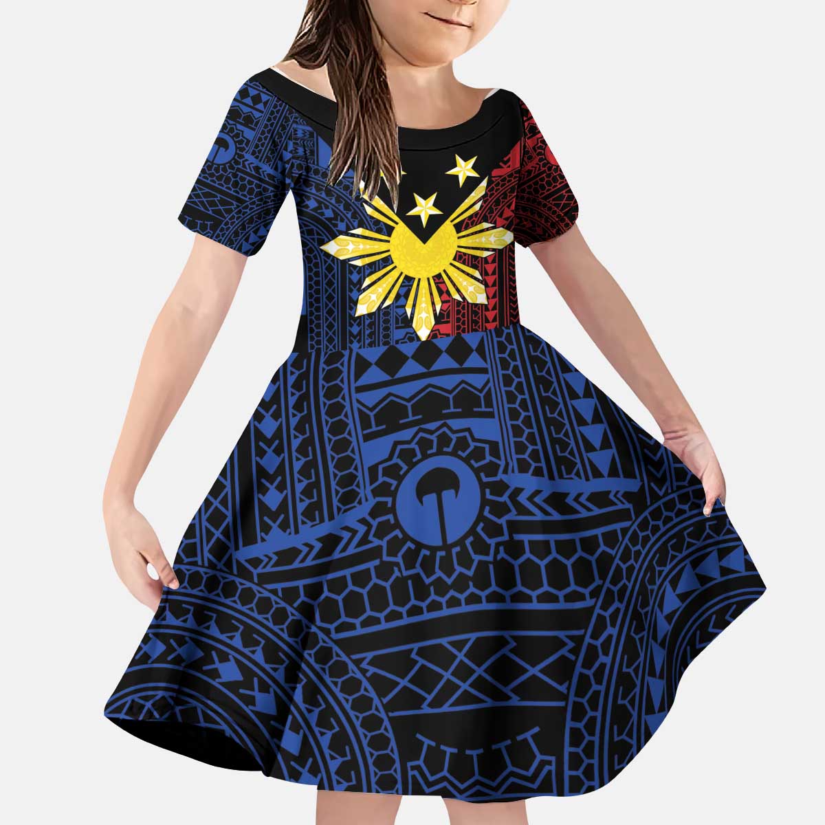 Philippines Sun Star Kid Short Sleeve Dress Igorot Tribal Inspiration LT05 KID Black - Polynesian Pride