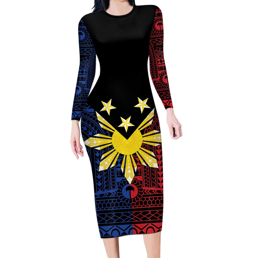 Philippines Sun Star Long Sleeve Bodycon Dress Igorot Tribal Inspiration LT05 Long Dress Black - Polynesian Pride