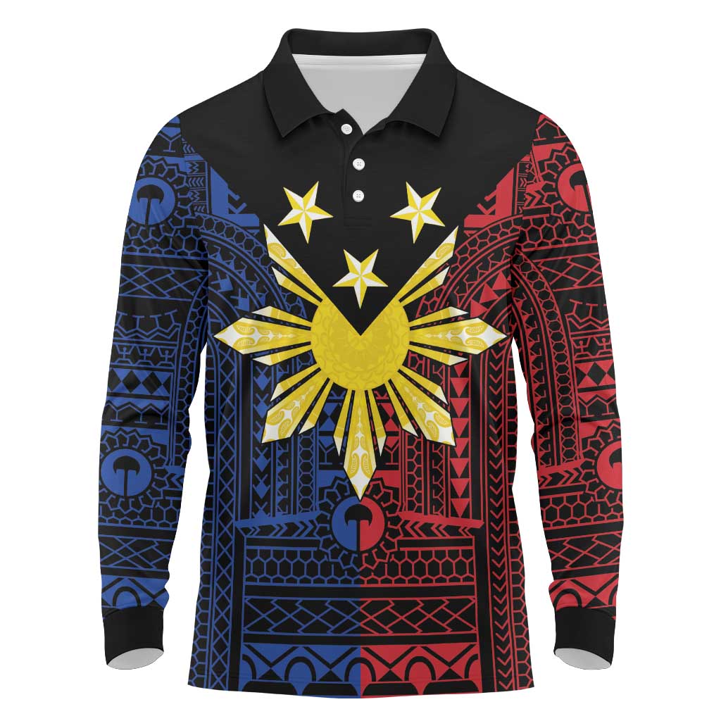 Philippines Sun Star Long Sleeve Polo Shirt Igorot Tribal Inspiration LT05 Black - Polynesian Pride