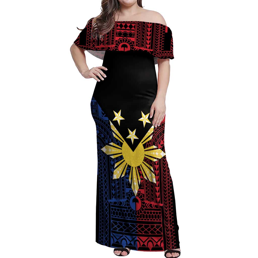Philippines Sun Star Off Shoulder Maxi Dress Igorot Tribal Inspiration LT05 Women Black - Polynesian Pride