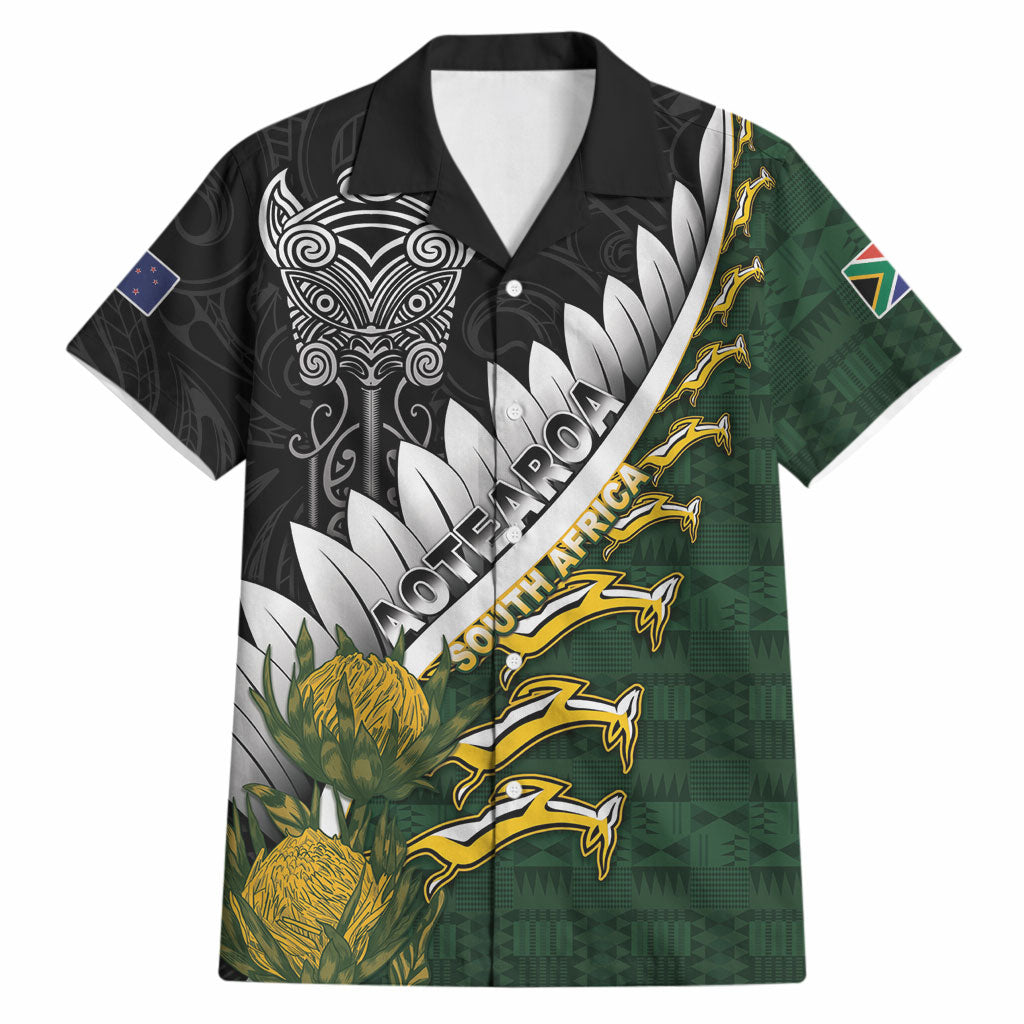 Custom Rugby New Zealand And South Africa Hawaiian Shirt Silver Fern With Springboks LT05 Black - Polynesian Pride